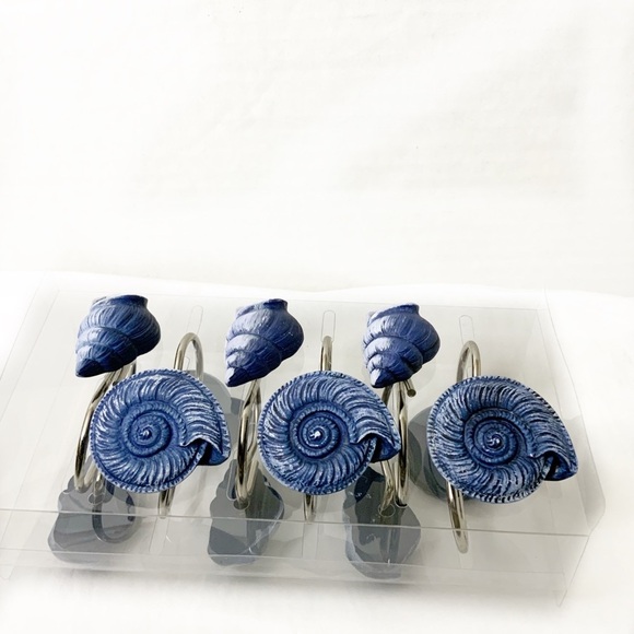 Coastal Ocean Seashell Shower Hooks Blue White Beachy Decor Set of 12 - Picture 7 of 11